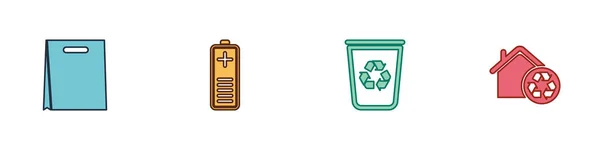 Set Einkaufstasche Batterieladestandsanzeige Papierkorb Mit Recycling Und Eco House Recycling — Stockvektor