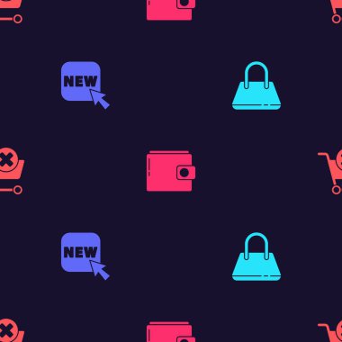 Çanta ayarla, düğme yeni, cüzdan ve alışveriş sepetini kusursuz bir şablona ayarla. Vektör.