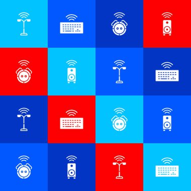 Smart sokak lambasını, kablosuz klavyeyi, robot elektrik süpürgesini ve stereo hoparlör ikonunu ayarla. Vektör.