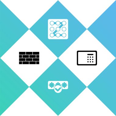 Güvenlik duvarı, güvenlik duvarı, şifre koruması, grafik şifresi ve kasa simgesini ayarla. Vektör.