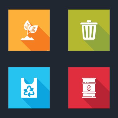 Bitki, çöp kutusu, geri dönüşümlü plastik torba ve biyo yakıt varili ikonu. Vektör.