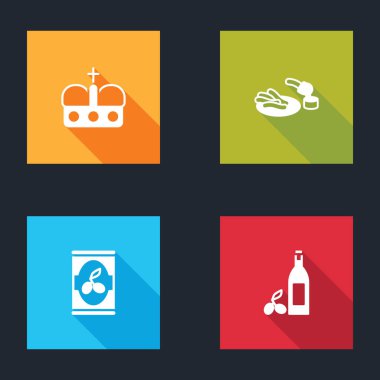 İspanya tacı, Churros ve çikolata, zeytin konservesi ve şişe zeytinyağı ikonu. Vektör.