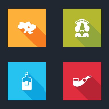 Ukrayna haritası, Ukraynalı kadın, şişe votka ve tüten pipo ikonu. Vektör.