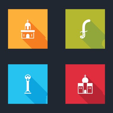 Kilise binası, Ortaçağ kılıcı, Bağımsızlık Anıtı ve ikon. Vektör.