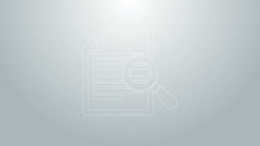 Gri arkaplanda arama simgesine sahip mavi çizgi belgesi. Dosya ve büyüteç simgesi. Analitik araştırma işareti. 4K Video hareketli grafik canlandırması