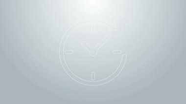 Gri arkaplanda ok simgesi olan mavi çizgili saat. Zaman sembolü. Saat yönünde döndürme simgesi ok ve zaman. 4K Video hareketli grafik canlandırması