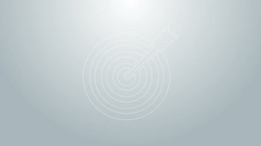 Gri arkaplanda ok simgesi olan mavi çizgi hedefi. Dart tahtası işareti. Okçuluk tahtası simgesi. Dartboard işareti. İş hedefi kavramı. 4K Video hareketli grafik canlandırması