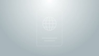 Gri arkaplanda biyometrik veri simgesine sahip mavi çizgi pasaportu. Kimlik Belgesi. 4K Video hareketli grafik canlandırması