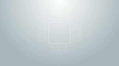 Gri arkaplanda mikro devre işlemci simgesi olan mavi çizgi Bilgisayar işlemcisi izole edildi. Devre kartlı çip ya da işlemci. Mikro işlemci. 4K Video hareketli grafik canlandırması