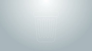 Mavi çizgi çöp kutusu simgesi gri arkaplanda izole edildi. Çöp kutusu tabelası. 4K Video hareketli grafik canlandırması