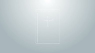 Mavi çizgi. Kutsal İncil kitabı ikonu gri arka planda izole edilmiş. 4K Video hareketli grafik canlandırması