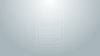 Gri arkaplanda klinik kayıt simgesi olan mavi çizgi tıbbi pano. Sağlık sigortası formu. Tıbbi kontrol işaretleri raporu. 4K Video hareketli grafik canlandırması
