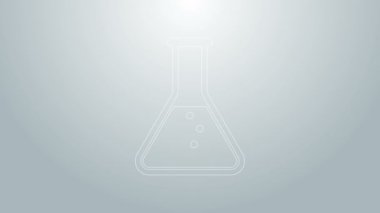 Mavi çizgi test tüpü ve matarası. Gri arkaplanda kimyasal laboratuvar ikonu var. 4K Video hareketli grafik canlandırması