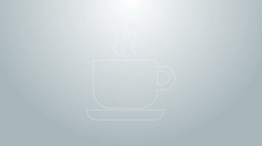 Mavi çizgi kahve fincanı simgesi gri arkaplanda izole edilmiş. Çay fincanı. Sıcak içecek kahvesi. 4K Video hareketli grafik canlandırması