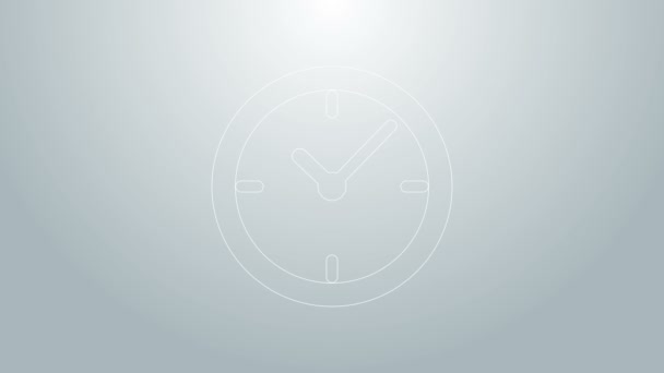 Blue line Clock icon isolated on grey background. Time timer sign. 4K Video motion graphic animation — Stock video