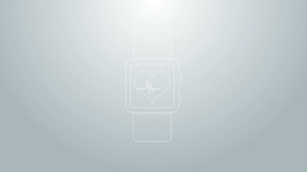 Blue line Smart watch showing heart beat rate icon isolated on grey background. Fitness App concept. 4K Video motion graphic animation — Stock Video