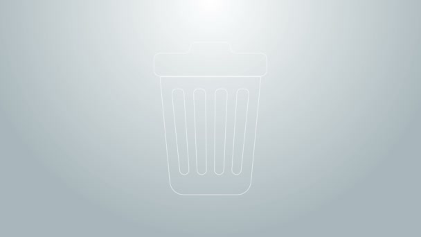 Blue line Trash can icon isolated on grey background. Garbage bin sign. 4K Video motion graphic animation — Stock video