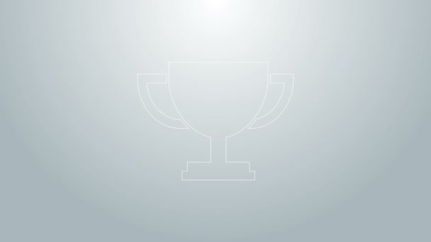 Linea blu icona della coppa Trofeo isolato su sfondo grigio. Simbolo premio. Icona della coppa del campione. Animazione grafica 4K Video motion — Video Stock