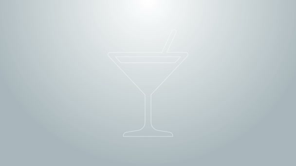 Blauwe lijn Martini glas pictogram geïsoleerd op grijze achtergrond. Cocktailpictogram. Wijnglazen icoon. 4K Video motion grafische animatie — Stockvideo