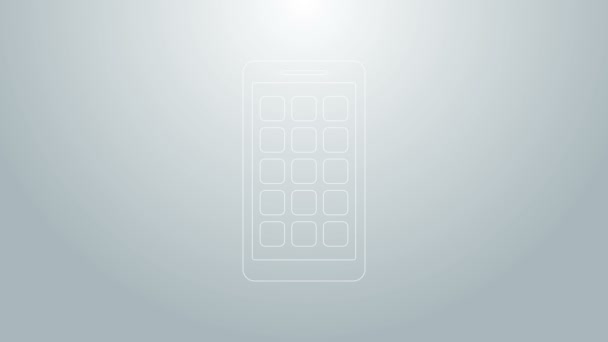 Kék vonal Mobile Apps ikon elszigetelt szürke háttér. Okostelefon képernyő ikonokkal, alkalmazásokkal. mobiltelefon képernyő megjelenítése. 4K Videó mozgás grafikus animáció — Stock videók