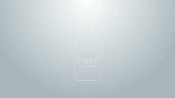 Blaue Linie Geschlossene Glasflasche mit Milch- und Deckelsymbol isoliert auf grauem Hintergrund. 4K Video Motion Grafik Animation — Stockvideo