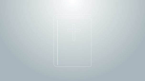 Línea azul Icono del libro de la Sagrada Biblia aislado sobre fondo gris. Animación gráfica de vídeo 4K — Vídeos de Stock