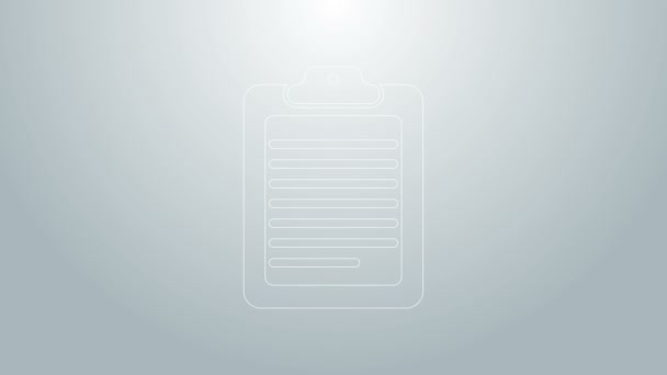 Portapapeles de línea azul con icono de documento aislado sobre fondo gris. Animación gráfica de vídeo 4K — Vídeo de stock