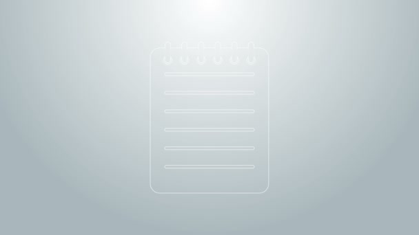 Μπλε γραμμή Notebook εικονίδιο απομονώνονται σε γκρι φόντο. Εικονίδιο σπειροειδούς σημειώματος. Γραφικό χαρτί. Ημερολόγιο για δουλειά. Σχεδιασμός εξωφύλλου σημειωματάριου. 4K Γραφική κίνηση κίνησης βίντεο — Αρχείο Βίντεο