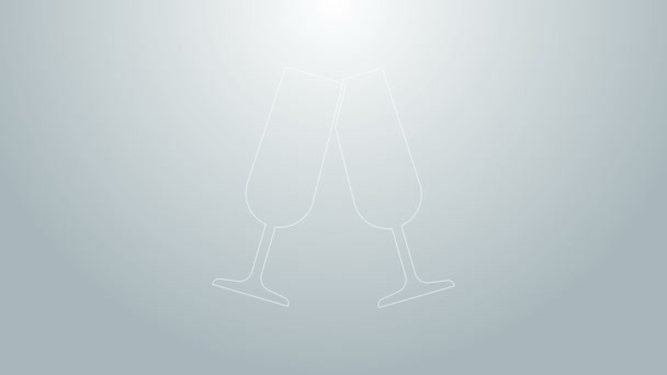 Niebieska linia Szklanki z ikoną szampana na szarym tle. 4K Animacja graficzna ruchu wideo — Wideo stockowe