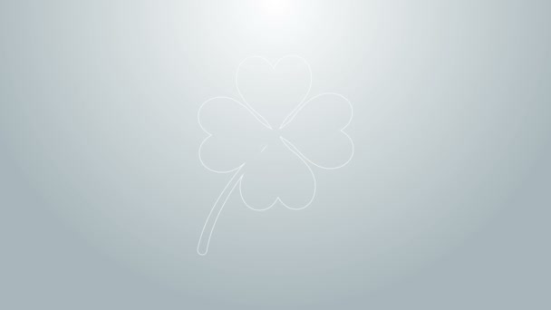 Blue line Four leaf clover icon isolated on grey background. Happy Saint Patrick day. 4K Video motion graphic animation — Stock Video