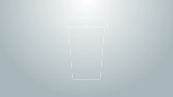 灰色の背景に隔離されたブルーラインコーヒーカップアイコン。ホットコーヒー付きの使い捨てコーヒーカップ。4Kビデオモーショングラフィックアニメーション — ストック動画