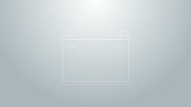 Mavi çizgi araba akü ikonu gri arkaplanda izole edildi. Akümülatör bataryası enerji ve elektrik akümülatörü bataryası. 4K Video hareketli grafik canlandırması