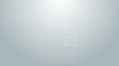 Gri arka planda madeni para simgesi olan mavi çizgili cüzdan. Para Cüzdanı. Bozuk para sembolü. 4K Video hareketli grafik canlandırması