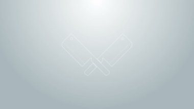 Mavi çizgi, gri arka planda izole edilmiş et helikopter simgesi. Et için mutfak bıçağı. Kasap bıçağı. 4K Video hareketli grafik canlandırması