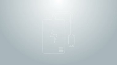 Gri arka planda farklı şarj kablosu simgesi olan mavi hat güç bankası. Taşınabilir şarj cihazı. 4K Video hareketli grafik canlandırması