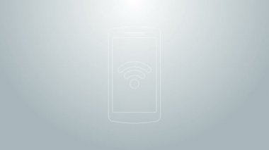 Gri arkaplanda ücretsiz kablosuz bağlantı ikonu olan mavi çizgi akıllı telefon. Kablosuz teknoloji, ağ, sıcak nokta kavramları. 4K Video hareketli grafik canlandırması