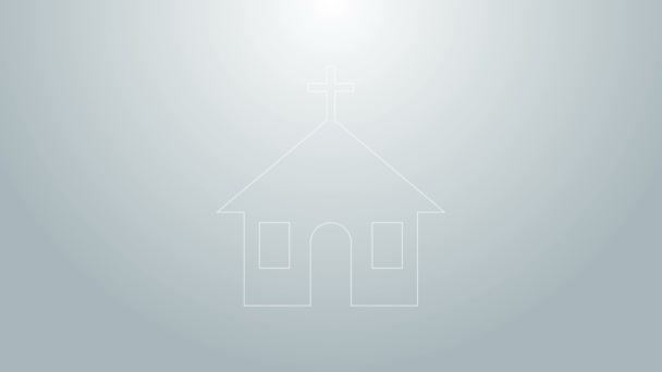 Ícone de construção da Igreja linha azul isolado no fundo cinza. Igreja Cristã. Religião da igreja. Animação gráfica em movimento de vídeo 4K — Vídeo de Stock