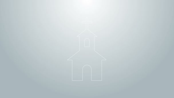 Icono de construcción de la iglesia de línea azul aislado sobre fondo gris. Iglesia Cristiana. Religión de la iglesia. Animación gráfica de vídeo 4K — Vídeos de Stock