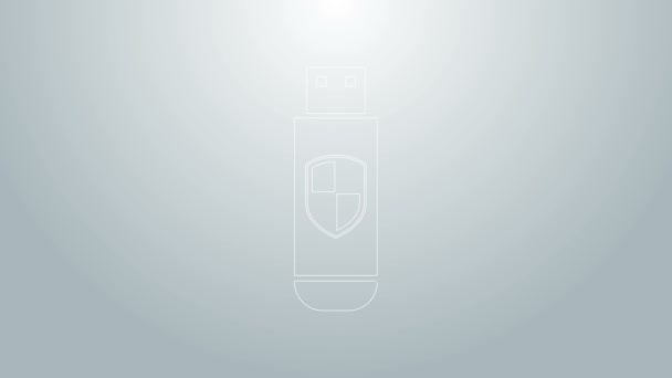 Linha azul USB flash drive e proteção escudo ícone isolado no fundo cinza. Animação gráfica em movimento de vídeo 4K — Vídeo de Stock