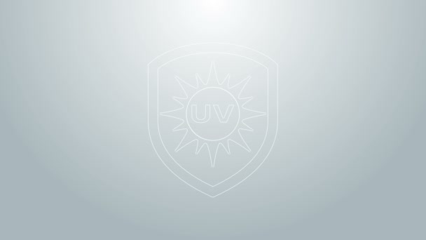 Ícone de proteção UV de linha azul isolado no fundo cinza. Sol e escudo. Radiação de raios ultravioleta. Sinal de sol SPF. Animação gráfica em movimento de vídeo 4K — Vídeo de Stock