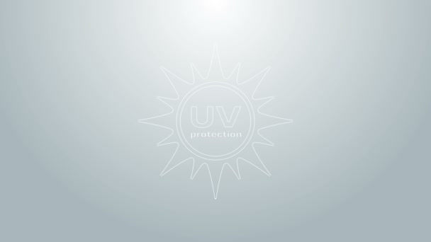 Ícone de proteção UV de linha azul isolado no fundo cinza. Radiação de raios ultravioleta. Sinal de sol SPF. Animação gráfica em movimento de vídeo 4K — Vídeo de Stock