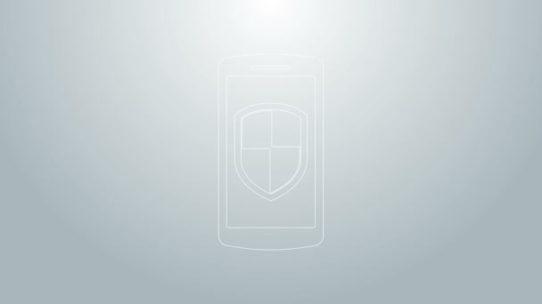 Modrá linka Smartphone, mobilní telefon s ikonou bezpečnostního štítu izolované na šedém pozadí. Grafická animace pohybu videa 4K — Stock video