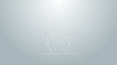 Mavi çizgi insan kafası ve gri arka planda izole edilmiş ikon içerisindeki dişliler. Yapay zeka. Düşünen beyin. Beynin sembol çalışması. 4K Video hareketli grafik canlandırması