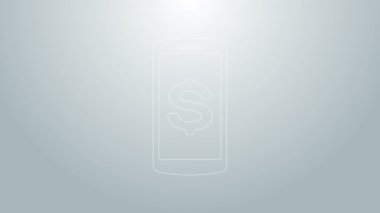 Gri arkaplanda dolar sembolü olan mavi çizgi akıllı telefon. İnternetten alışveriş konsepti. Finansal cep telefonu. Çevrimiçi ödeme. 4K Video hareketli grafik canlandırması