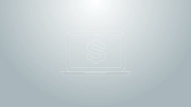 Gri arkaplanda dolar sembolü olan mavi çizgi dizüstü bilgisayar. İnternetten alışveriş konsepti. Ekonomi konsepti. 4K Video hareketli grafik canlandırması