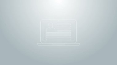 Gri arkaplanda özgeçmiş simgesi olan mavi çizgi dizüstü bilgisayarı. Özgeçmiş başvurusu. Profesyonel personel aranıyor. Personel analizi devam ediyor. 4K Video hareketli grafik canlandırması