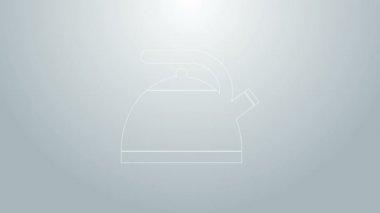 Gri arkaplanda ikon olan mavi çizgi Kettle. Çaydanlık ikonu. 4K Video hareketli grafik canlandırması