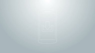 Gri arkaplanda indirme simgesi olan mavi çizgi akıllı telefonu. 4K Video hareketli grafik canlandırması