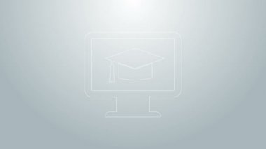 Mezuniyet kapağı simgesi gri arkaplanda izole edilmiş mavi çizgi bilgisayar monitörü. Çevrimiçi öğrenme ya da e-öğrenme kavramı. İnternet bilgisi. 4K Video hareketli grafik canlandırması
