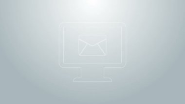 Mavi hat monitörü ve zarf, yeni mesaj, posta, e-posta simgesi gri arkaplanda izole edildi. E-posta bültenleri, başlıklar, blog yazıları için kullanım. 4K Video hareketli grafik canlandırması